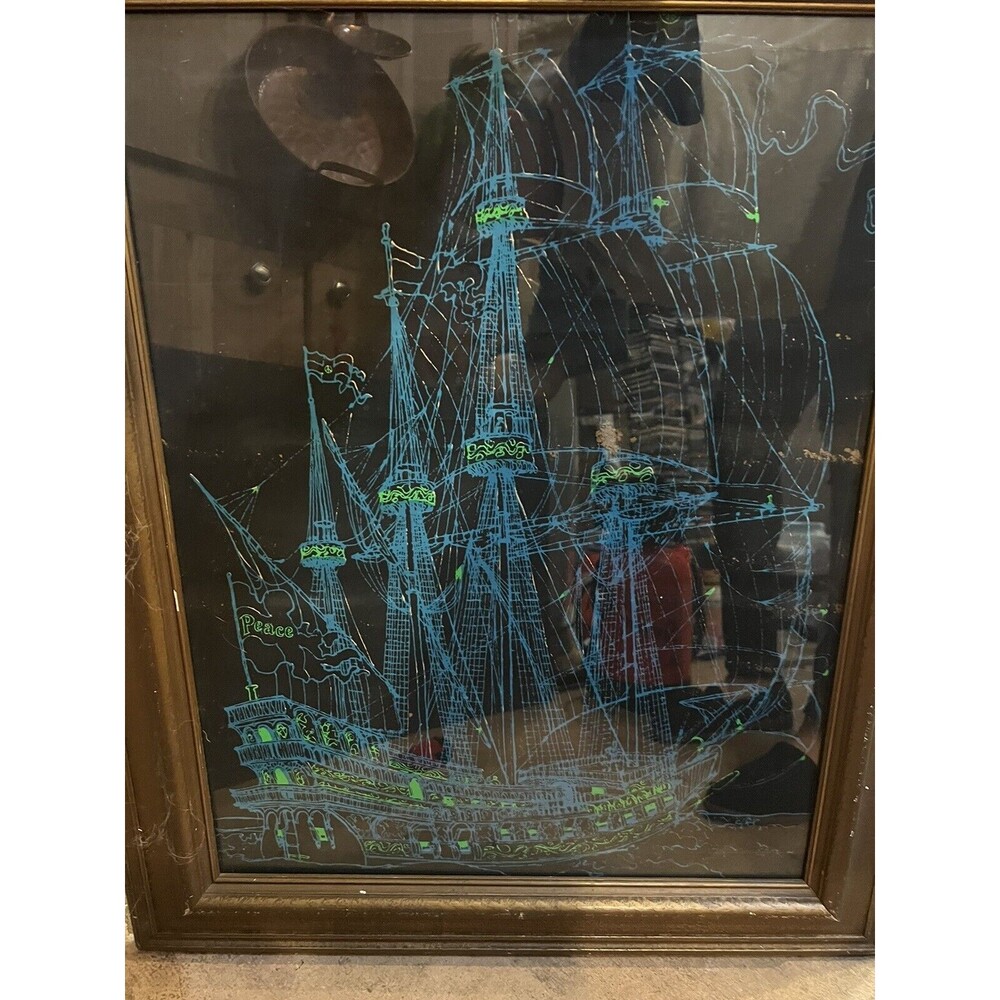 Vintage Black Light Poster  Peace ship FRAMED 1971 Inv 18750